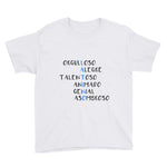 Latino Description -  Black with Blue Lettering