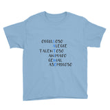 Latino Description -  Black with Blue Lettering
