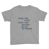 Latino Description -  Black with Blue Lettering